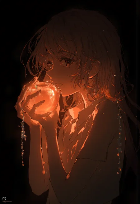 1 girl holding a shiny glowing apple (Glass statues:1.3), girl open mouth and biting the apple, facing to the side but eyes looking back at viewer ,only showing upper body, light particles rim lighting and bokeh, black simple background,b74_aes