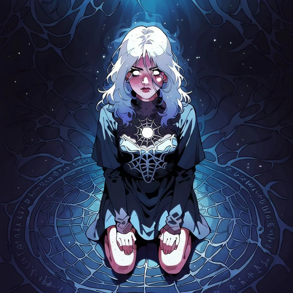 score_9, knva, 1girl, Sable Ward, on knees, salt circle, performing a magic ritual, white eyes, possessed, ethereal spider webs,