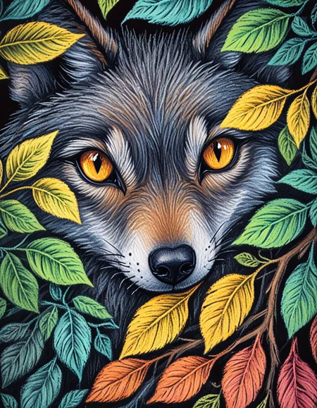 closeup of a wolf eyes peering through leaves novuschroma13 style chalk pastels illustration <lora:novuschroma13 style_2:1> <lora:sdxl_lightning_8step_lora:1>