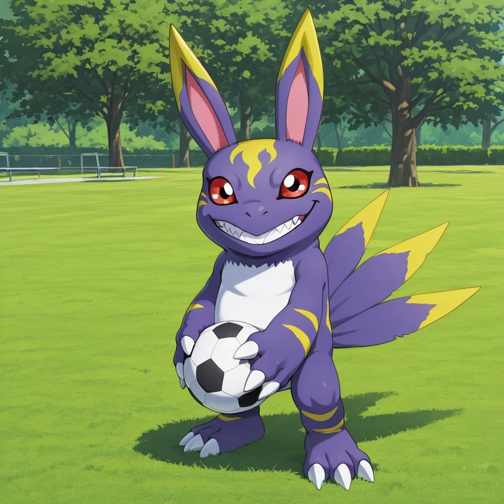 2d, solo, Digimon (creature), Elecmon, Violet elecmon, purple fur, yellow markings, two tone fur, pink inner-ears, long ears, claws, three toes, three fingers, red sclera, black pupils, white countershade torso, multiple tails, semi-anthro
BREAK standing, looking at viewer, evil grin, holding soccer ball, outside, park, grin, sunny day, grass, mischievous 
BREAK best quality, amazing quality, very aesthetic, absurdres, newest, high quality, masterpiece