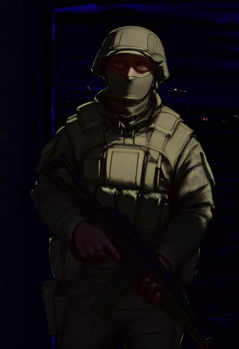 very aestetic, pt1chn1k, solo, 1boy, male focus, outdoors, night, dark, cowboy shot, buletproof vest, mask, helmet, black assault rifle, ak-47, weapon, holding, military, looking at viewer, khaki camouflage,