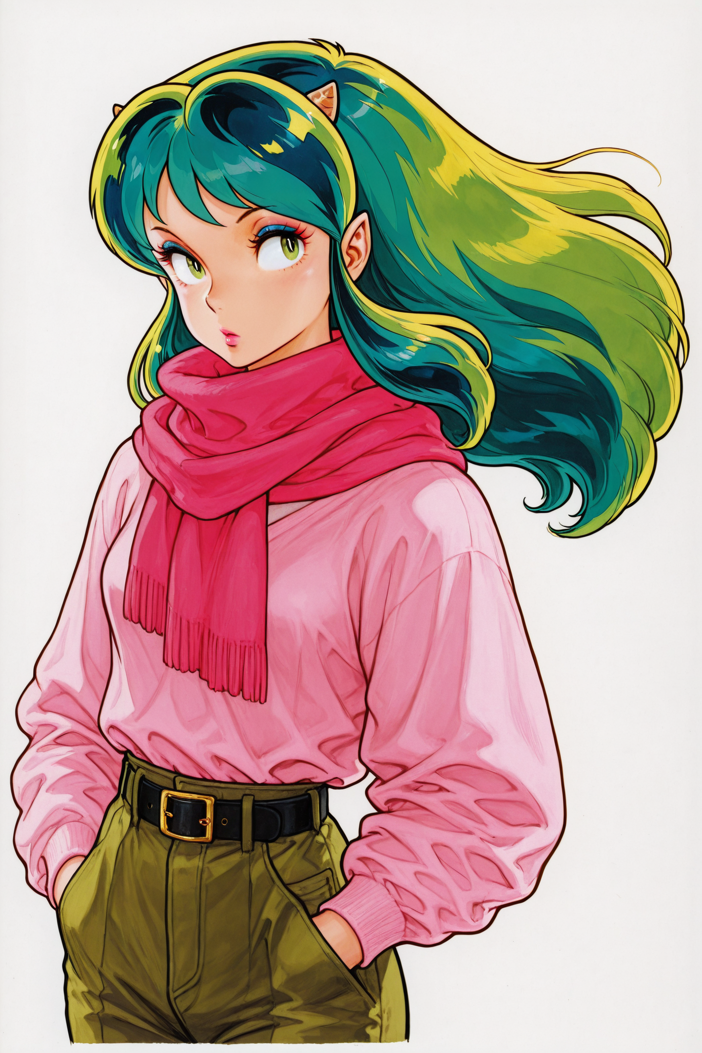 1girl,solo,horns,scarf,long hair,lum,sweater,green hair,white background,pink sweater,green eyes,makeup,hands in pockets,multicolored hair,1980s (style),simple background,casual,oni horns,eyeshadow,belt,pointy ears,floating hair,oni,upper body,retro artstyle,traditional media,
<lora:Takahashi Rumiko_illustriousXL:0.4>,
<lora:Kinu Nishimura_illustriousXL:1.8>,