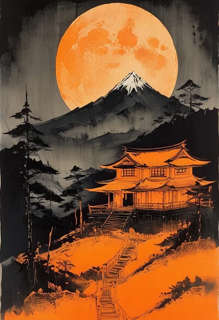 Nixpaint, ethereal haunted house at forest’s edge, glowing under a full midnight moon, distant jagged mountainscape, expressive ink artwork, black over orange, ink on hard textured paper, in the style of Katsushika Hokusai