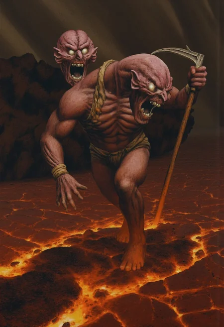b3rs3rk macro lens d4concept pov, 3D01S, simple background d4artstyle atmospheric and powerful MikeFranchinastyle dark fantasy, natural organic and first person pov of a berserk style creature in the Tsutomu Nihei style
Nightmarish two-headed beast rising from molten ground, dark fantasy horror. Each head has three milky, pupilless eyes arranged vertically, with gaping maws full of needle-like teeth, locked in a perpetual scream. Its skin is a mix of reddish-brown scales and brain-like folds, with deep brow ridges and sunken cheeks that give it an ancient, primordial look.
The beast has a muscular humanoid torso, hunched and powerful, with thick arms and oversized hands ending in sharp claws. Its lower body is submerged in fiery, cracked earth, suggesting a more monstrous form beneath. The creature wields a long staff or spear with a curved, scythe-like blade, adorned with primitive wrappings.
The environment is shrouded in swirling smoke and molten rock, with lava casting a hellish glow. Cracks in the ground pulse with golden light, hinting at intense heat. The art style combines realism with dark fantasy, focusing on intricate details of the creature's skin and features. Warm browns, reds, and oranges dominate, while the lighting emphasizes the horror of the scene.
UHD letterboxed game trailer frame chromatic aberration dark atmosphere sharp masterpiece with a focus on the character, elden ring, dark atmosphere