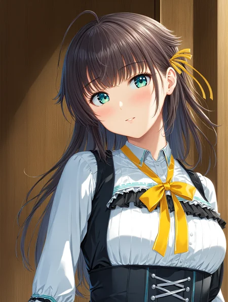 masterpiece best quality,
<lora:kana_kashiwazaki-sdxl:0.75>
1girl,solo,
kanakashiwazaki, yellow ribbon, aqua eyes,
ahoge hair,,
(german clothes:1.25),
looking to the side,
(" " )
