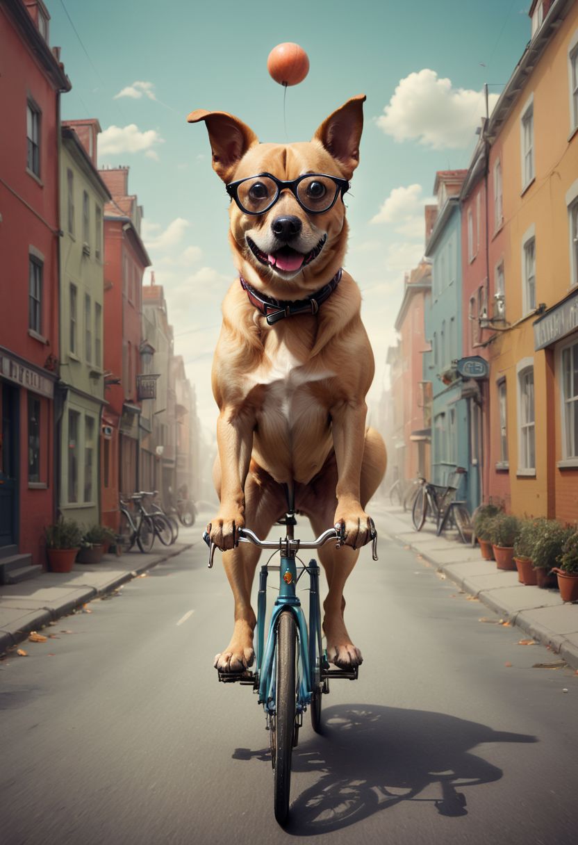 Dog riding a bicycle, surreal