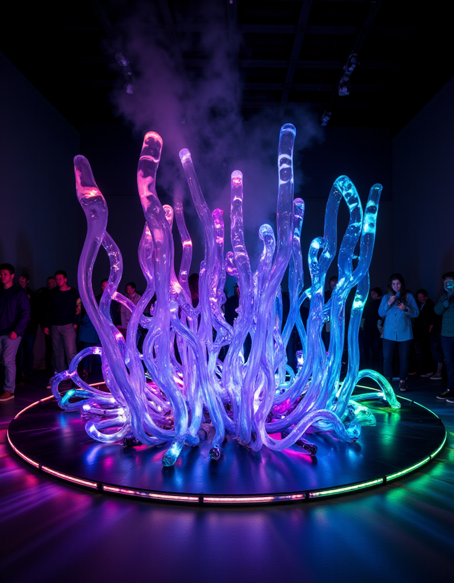A cluster of jagged, translucent resin poles arranged to resemble futuristic coral. Each pole is embedded with fiber optics that emit neon colors in sharp, contrasting patternsâelectric pinks, blues, and greens. The dark base reflects the lights, creating a glowing "reef" that shifts and flows with hidden motors. Visitors circle the installation, their silhouettes lit by the pulsating, holographic glow. Occasionally, a mist-like haze fills the air, diffusing the lights into a surreal landscape.
<lora:ral-kntcscptr-flux:1>