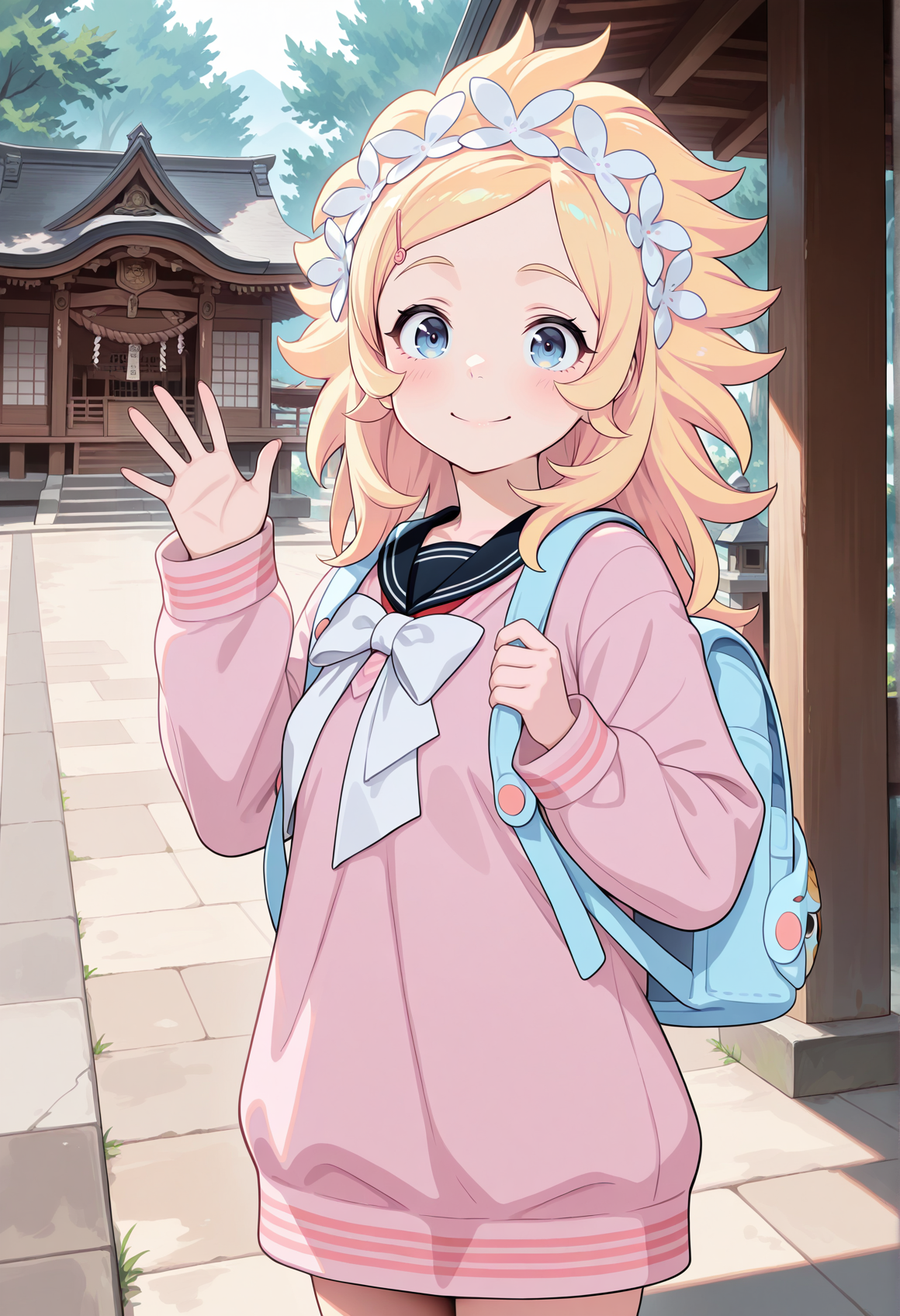 1girl, blonde hair, long hair, spiked hair, blue eyes, hair ornament, serafuku, pink sweater, backpack, waving, holding backpack strap, outdoors, shrine, waving, looking at viewer,   <lora:bubuki_blonde:1>, masterpiece, best quality, amazing quality, very aesthetic, absurdres, highres, newest