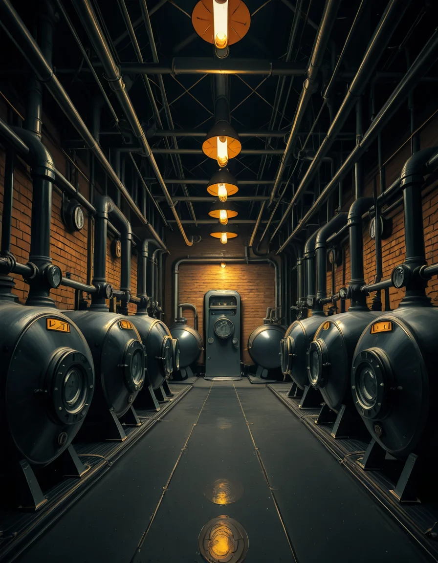 A highly detailed and realistic photograph of an industrial boiler room filled with large metal boilers, complex pipe systems, and pressure gauges. The room is dimly lit with a mix of warm yellow lighting from overhead industrial lamps and cool blue reflections from metallic surfaces. The air is slightly hazy with steam escaping from some of the pipes. The floor is made of reinforced concrete with visible stains from oil and water. Various control panels with blinking LED indicators and warning signs are mounted on the walls. The atmosphere is rugged and mechanical, evoking a sense of power and industrial efficiency. The depth of field is sharp, capturing intricate details such as rust on old pipes, the texture of the metal surfaces, and the labels on the control panels. The composition emphasizes symmetry, with pipes and machinery creating a structured, almost futuristic aesthetic.
<lora:SDXLFaeTastic2400:0.4> <lora:extremely_detailed:0.4> extremely detailed, <lora:industrial_boiler_room-i:1>,industrial b01l3r r00m, Masterpiece,best quality,hi res,8k,hi res,8k,award winning,(sharp focus, intricate, highly detailed),