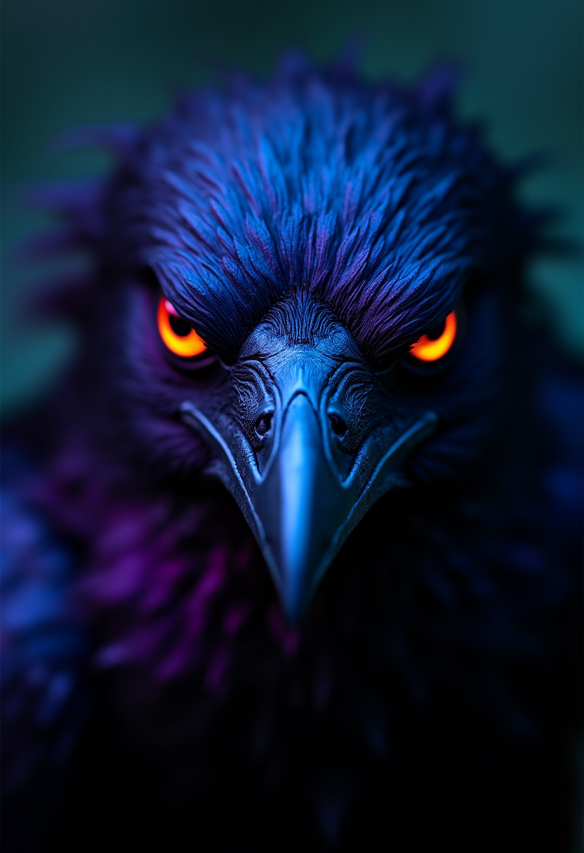 A close-up of a witch’s raven, its feathers reflecting iridescent purple and black, with glowing eyes locked onto the viewer, captured in a dark and mysterious moment, shot on Mamiya 7 II with a Mamiya Sekor C 80mm f/1.9 lens, neon blue and violet hues, ultra fine detail, cinematic, ominous.