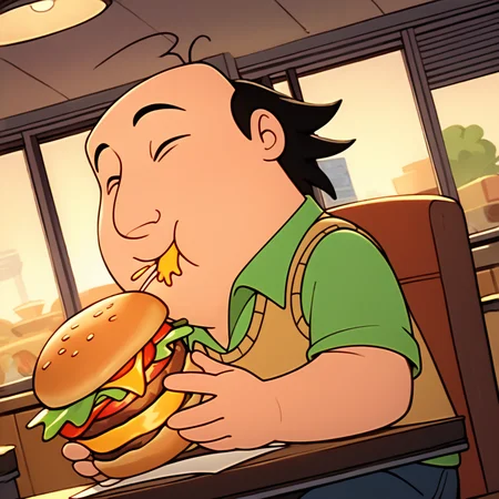score_9, score_8_up, score_7_up, score_6_up, score_5_up, score_4_up, <lora:jay-v1-15:1> tcjaysher, 1boy, solo, gnome, fat, eating, food, restaurant, closed eyes, green shirt, vest, desk, dutch angle, big burger, holding burger