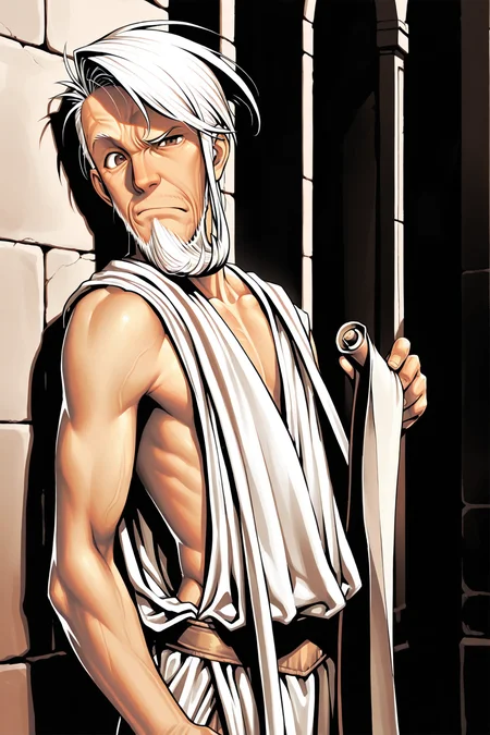 masterpiece, best quality, amazing quality, GENHERAC, 1boy, male focus, old, old man, solo, white hair, sideswept hair, ((sideswept beard)), brown eyes, brown toga, sepia tone, crooked back, holding scroll, raised eyebrow, ancient greek town backdrop, skinny