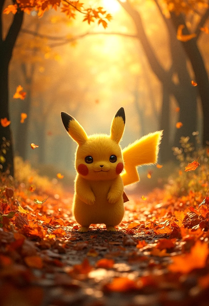photorealistic Pikachu walking through a forest path covered in fallen leaves, looking up at the trees, midday soft sunlight filtering through autumn leaves, photorealistic rendering, ultra-high-definition textures, warm and cozy lighting, rich autumnal colors, detailed fur catching the soft light, peaceful and content atmosphere, cinematic composition, natural shadows and reflections, high-detail textures, smooth gradients, vibrant oranges, reds, and yellows, intricate leaf details, gentle breeze, serene forest environment.
Aesthetic, Warm tones, autumnal colors, natural, cozy atmosphere.
Additional detail, intricate details, sharp details,