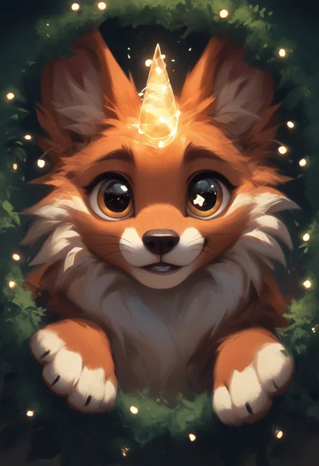 score_9, score_8_up, score_7_up, score_6_up, score_5_up, score_4_up, source_furry, fluffy_new_year, merry_furistmas, rating_safe, a whimsical creature with oversized, sparkling eyes peeking into the right side of a vertical canvas, its expression full of curiosity and mischief, as if it has stepped out of the artwork, in a vibrant and fantastical landscape filled with lush, colorful flora and twinkling lights, its fur a mesmerizing kaleidoscope of bright hues radiating a soft, ethereal glow, creating a magical atmosphere that invites the viewer into its delightful world of whimsy and wonder.
