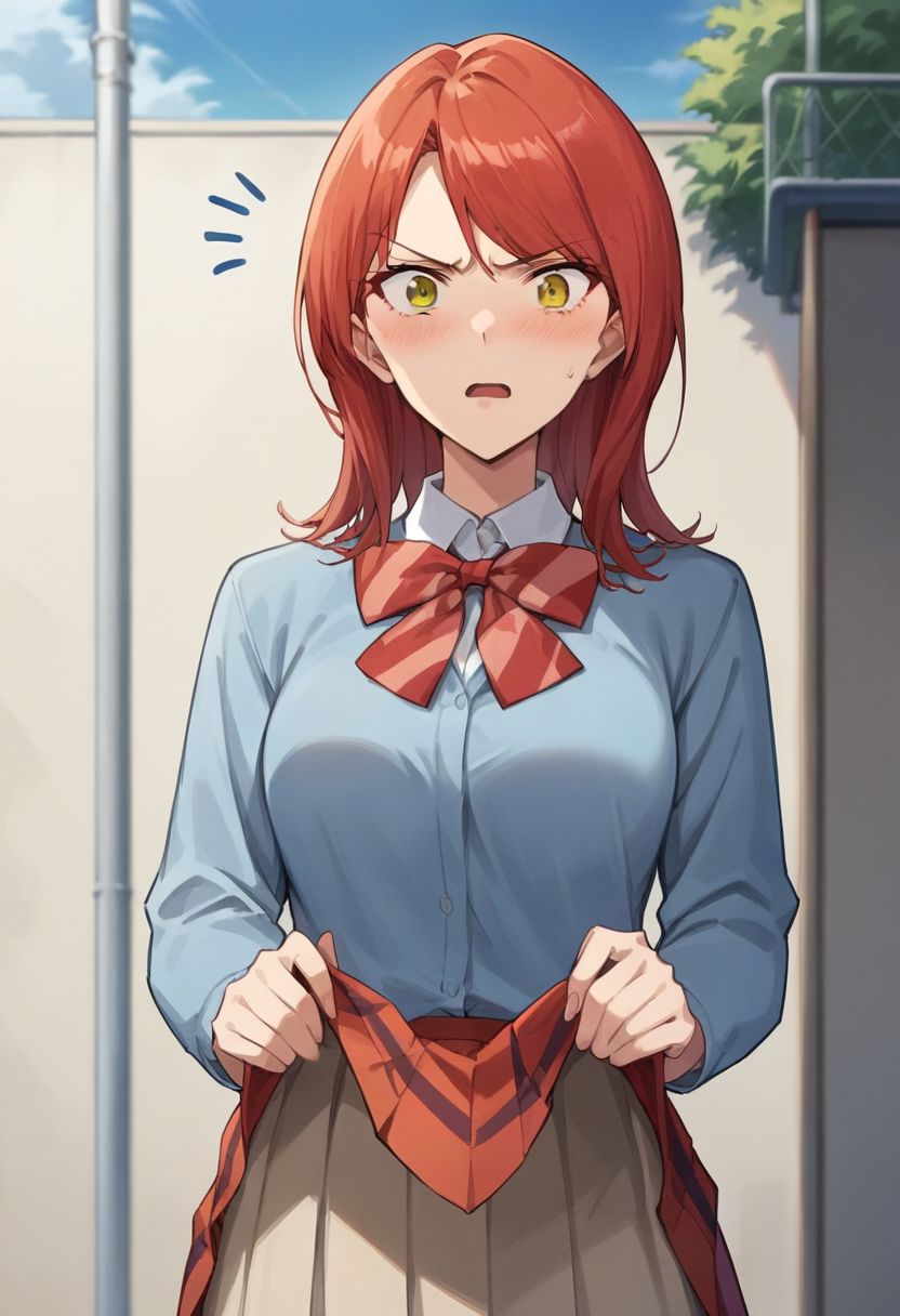 score_9, score_8_up, score_7_up, source_questionable, source_anime, alexandra magritte, 1girl, solo, red hair, medium hair, amber eyes, school uniform, medium breasts, blue sweatshirt, red striped bowtie, checkered miniskirt, brown miniskirt, slightly lifted up skirt, outdoors, open mouth, blush, embarassed, looking at viewer, school