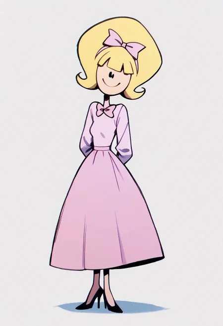 score_9, score_8_up, score_7_up BREAK debTO, 1girl, blonde hair, black eyes, pink bow, longsleeved light pink shirt, pink skirt, high-heeled shoes, full body, smiling at viewer,