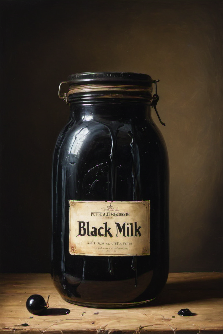 a jar filled with black liquid, label that says "BLACK MILK", by peter de seve, (masterful but extremely beautiful:1.4), (masterpiece, best quality:1.4) , in the style of nicola samori, Distorted, horror, macabre, circus of terror, twisted humor, creepy atmosphere, nightmarish visuals, surrealistic, eerie lighting, vibrant colors, highly detailed, by John Kenn Mortensen, <lora:NicolaSamori:0.7> <lora:add-detail-xl:1> <lora:xl_more_art-full_v1:0.5>