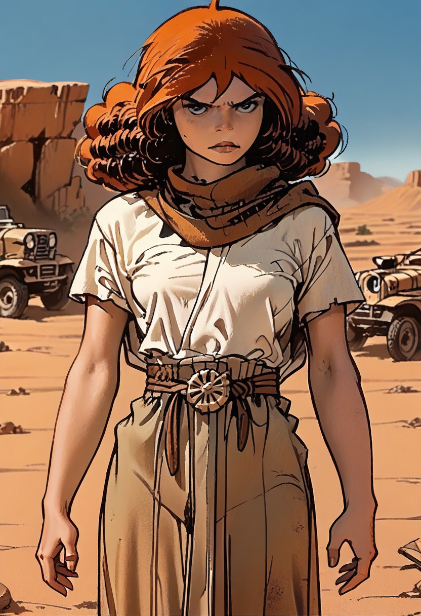 1girl, Franka_HK , Furiosa, standing, desert, best quality, score_9, score_8_up, score_7_up, score_6_up, score_5_up, score_4_up,