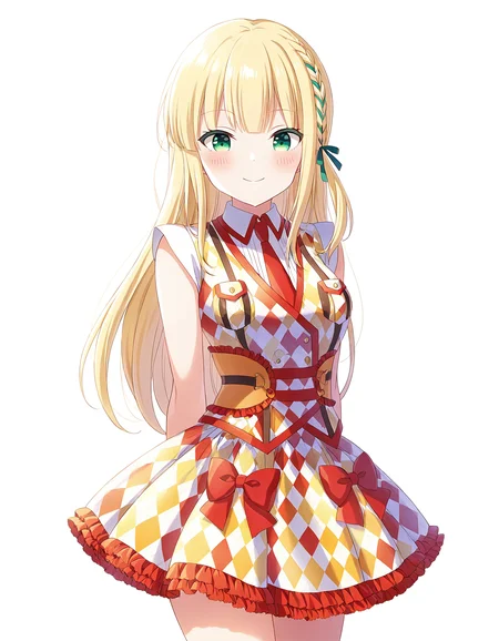 1girl, solo, cowboy shot, ichinose rei, idoly pride, idol costume, standing, arms behind back, looking at viewer, smile, blush, (simple background, white background), BREAK, <lora:iRei:0.72>,
very aesthetic, high definition, amazing quality, masterpiece, best quality, highres, absurdres, sensitive, newest, anime screenshot, screencap