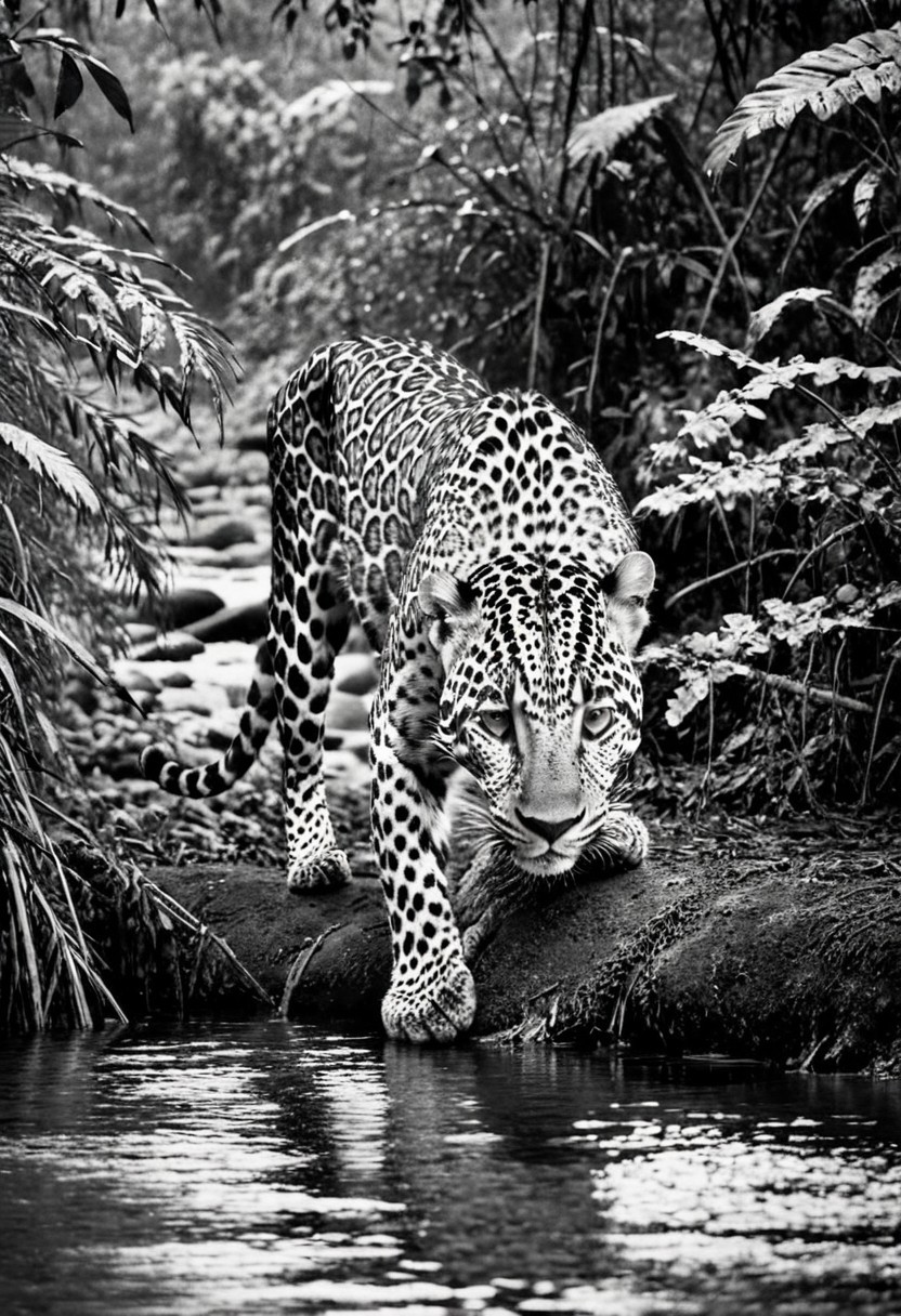 a (black and white:1.5) photo of a leopard, in the jungle, drinking at the at the edge of a river, at dusk, dense jungle forest, dramatic lights, shallow depth of field, blurred background, extreme details, intricate details, 8k, 35mm photo, photorealism, realistic photo, national geographic style, masterpiece, film photography style