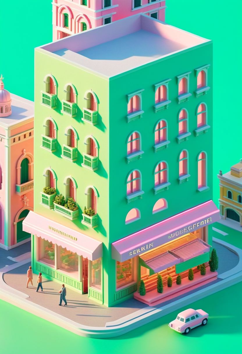 ispzxll, no humans, dioramaplant, isometric, miniature, futuristic soviet-inspired venice building street scene, seaform-green and pale-pink pastel colors, golden hour, long shadows, volumetric lighting style, pedestrians and cars, storefronts, epic architecture, ultra-detailed, 8k