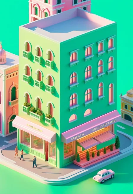 ispzxll, no humans, dioramaplant, isometric, miniature, futuristic soviet-inspired venice building street scene, seaform-green and pale-pink pastel colors, golden hour, long shadows, volumetric lighting style, pedestrians and cars, storefronts, epic architecture, ultra-detailed, 8k