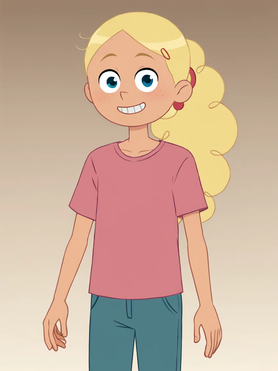 score_9, score_8_up, score_7_up, score_6_up, BREAK, P13rr3tt3, 1girl, solo, long hair, blue eyes, blonde hair, ponytail, pink shirt, child, pants, standing, simple background, smile, face viewer, looking at viewer <lora:Pierrette-000009:0.9>