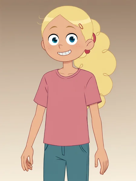 score_9, score_8_up, score_7_up, score_6_up, BREAK, P13rr3tt3, 1girl, solo, long hair, blue eyes, blonde hair, ponytail, pink shirt, child, pants, standing, simple background, smile, face viewer, looking at viewer <lora:Pierrette-000009:0.9>