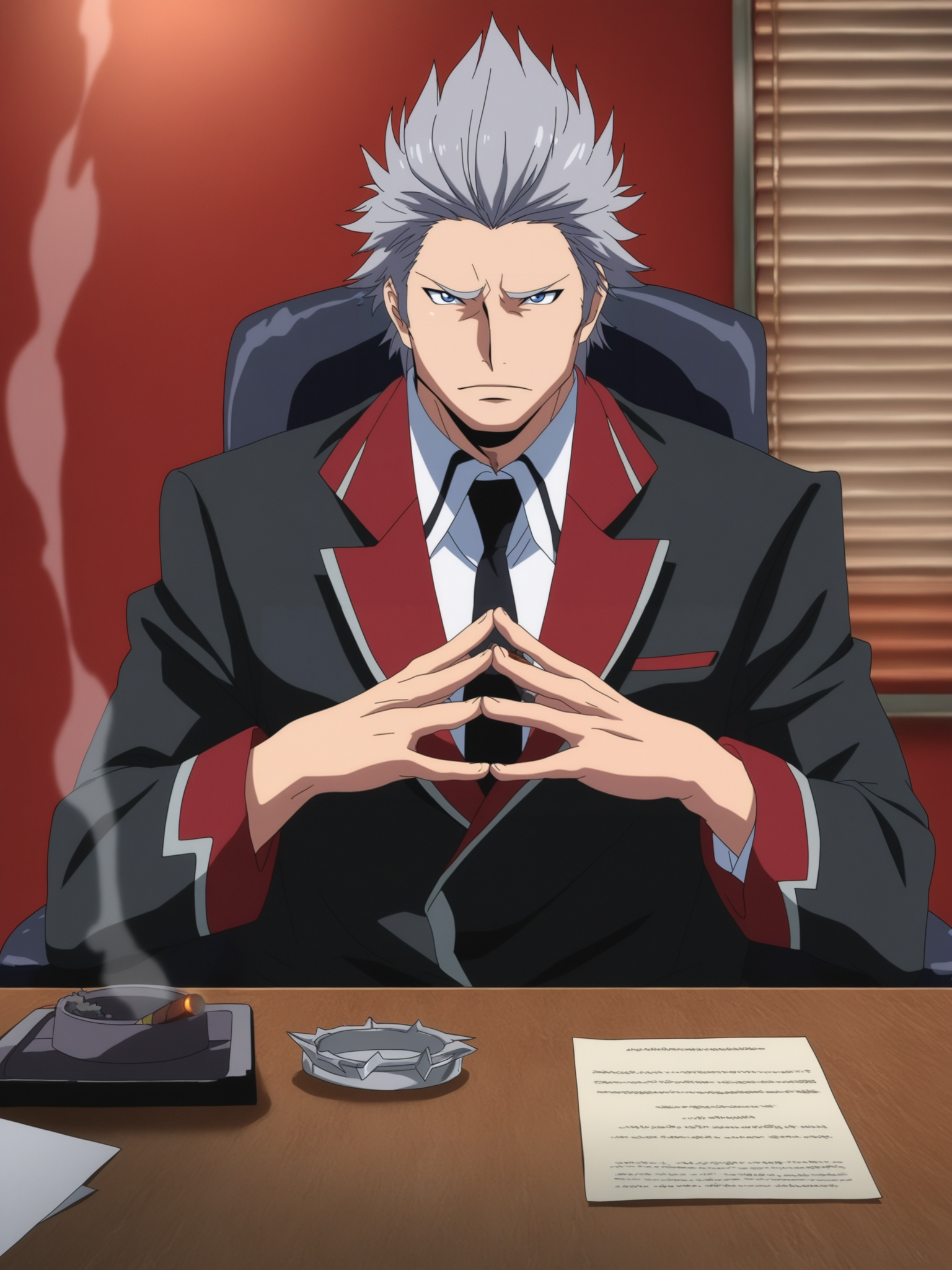 masterpiece, best quality, highres, absurdres, very awa, shiny skin, bloom, makai kishi,
1boy, Edwin Black, grey hair, spiked hair, formal, white shirt,  two-sided fabric, red lapels, upper nody, blue eyes, mature male, necktie,
steepled fingers, leaning back, sitting, on chair, leaning back, leaning on chair, office chair, straight-on,
looking ahead, closed mouth, furrowed brow, staring, turning head, front view,
indoors, office, window blinds, day, shadow, night, luxury office, red walls, photo \(object\), window, 
pov across table, elbow rest, shelf, (cigar:1.1) on ashtray, smoke trail, paper, 
<lora:Makai Kishi NoobAI VPRED dec0.05 tagdrop01:1>