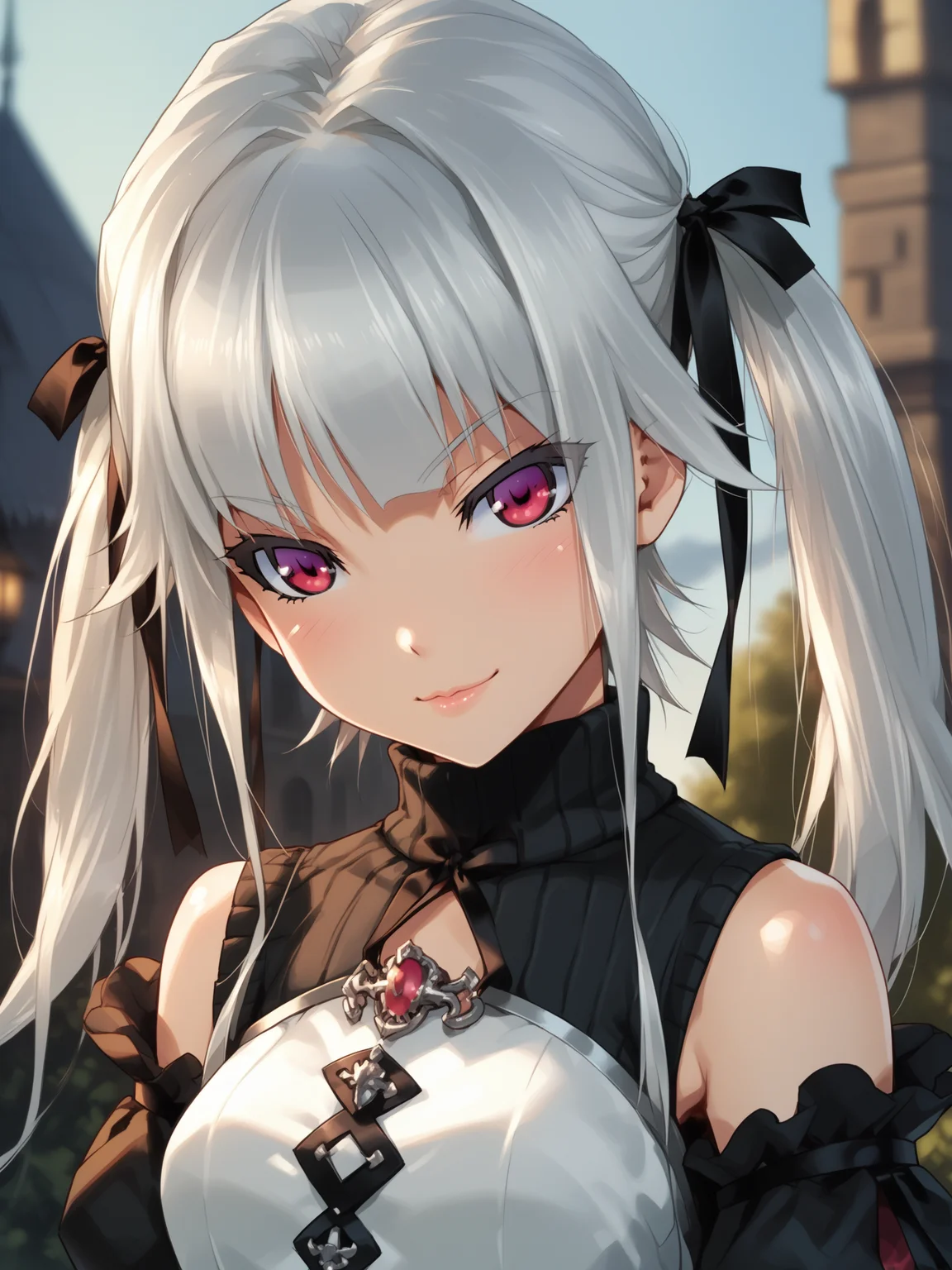 (cowboy shot, solo focus:1.2) <lora:happy_tentacle-kirie-v0.2-000020:0.8>, ht_kirie, twintails, hair ribbon, (silver hair:0.5), (red eyes, :0.5) (petite:1.2), <lora:Shed_The_Skin's StS_age_slider_v1_initial_release:-1> ( (detached sleeves :1.1) :1.1) (perky breasts:1.2) ( ( head tilt :0.8) , , ( :1.2) , seductive smile , (looking down:1.2) :1.2) outdoors, vegetation, (overgrown :1.1), spring \(season\) , (dusk :0.6), (blue sky:0.6) , (:0.5), people , (medieval :0.9), sleeveless shirt, (turtleneck sweater:1.2) ( :0.8) score_9, score_8_up, score_7_up, score_6_up, score_5_up, score_4_up, ( [(realistic, photorealistic:1.3):(realistic:1.2):16] [(3d:1.2)::14] :1) <lora:LUUNA's Lunas-NijiJourney-SDXL-B2:0.35>, nijijourney <lora:prgfrg23's Counterfeit-V3.0 Style SDXL_LoRA_Pony Diffusion V6 XL:0.6> <lora:mfcg's mfcgXL:0.12> <lora:reweik's gyokai(himehajime)_PonyXL_style_v01:0.14>