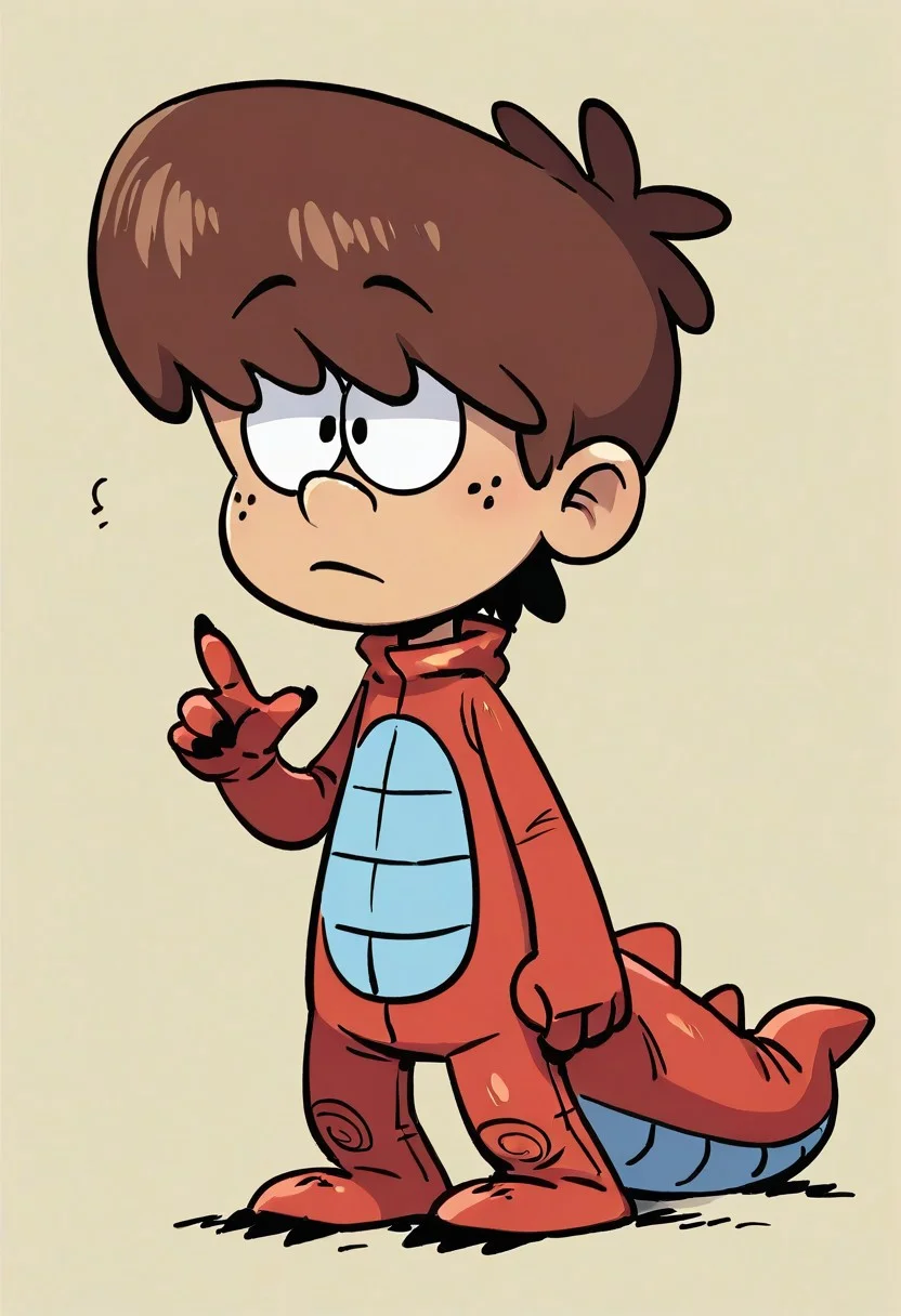 (score_9 | score_8_up | score_7_up) ((masterpiece:1))(best quality,very high quality,ultra detailed:1.2) (2D,cartoon style,anime style)(Smooth:2)(clean blurring) (four fingers on each hand,one thumb on each hand:1), Boy Lynn loud, solo, 1boy, Brown hair, thick Brown hair, round nose, freckles, wearing a red dragon costume, red Dragon costume, red Dragon, full body