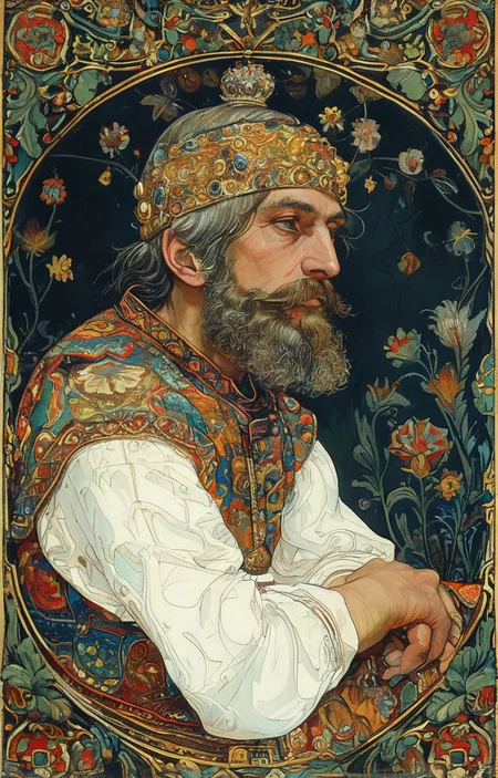 masterpiece,best quality,<lora:tbh166-sdxl:0.9>,illustration,style of Ivan Bilibin, portrait of noble man
