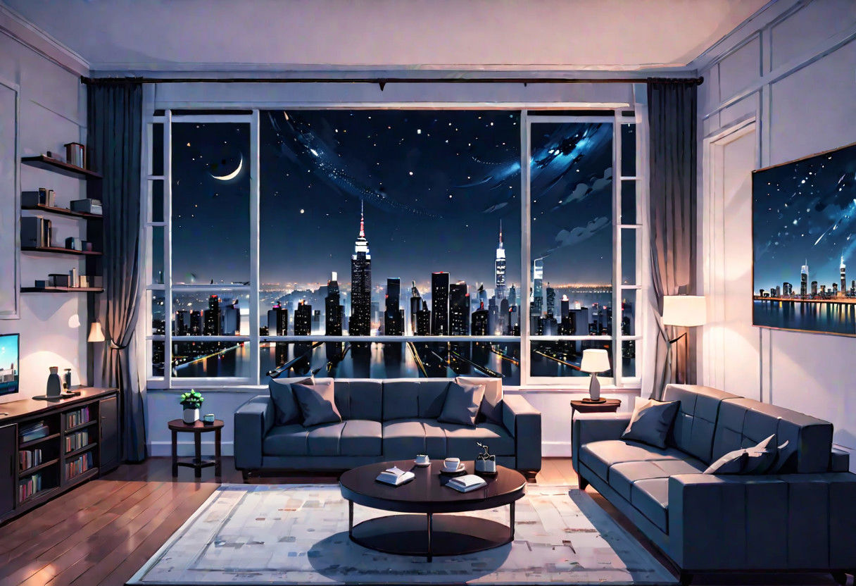 ((front view)), Shallow scene, (((animation style))), (night), modern-style interior, with white walls, (large windows), a  study, Sofa, coffee table, bookcase, single wall, ((dark room)), quiet and mysterious night sky,  city night view, (City high-rise building scenery), (City scenery outside the window), starry sky, moonlight,