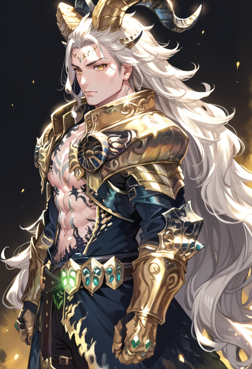 (score_9:0.9),score_8_up,score_7_up,rating_safe,anime style,(zPDXL),<lora:EX Kulve Taroth Alpha male ponyXL v1:0.73>,ex kulve taroth alpha armor,1boy,solo,gold horns,dark-skinned male,gold gauntlets,grey hair,looking at viewer,very long hair,gold pauldrons,male focus,large pectorals,muscular male,upper body,from behind,looking back,