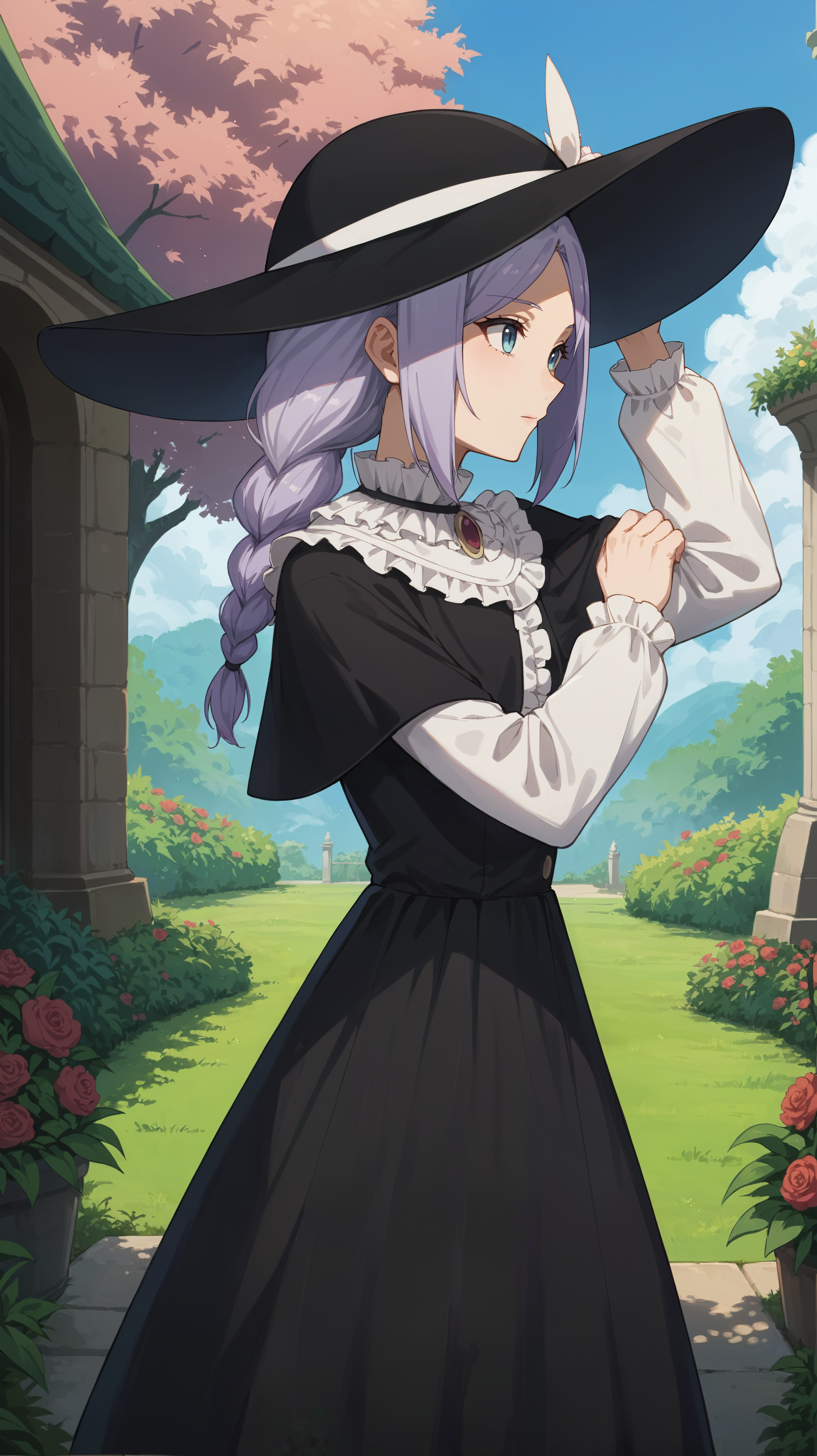 score_9,score_8_up,score_7_up,score_6_up, <lora:xl_more_art-full_v1:0.5>, source_anime, girl, dynamic pose, hands above her head, <lora:Laura Latour - Pony-000004:0.9>, purple hair, braid, parted hair, blue eyes, black sunhat, black dress, frills, black capelet, long sleeves, white sleeves, garden, outdoors, gazebo,