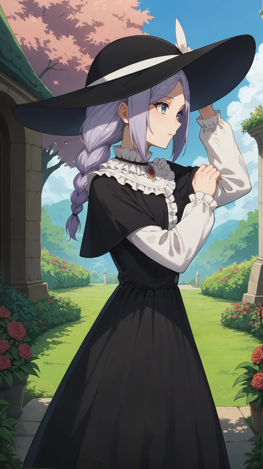 score_9,score_8_up,score_7_up,score_6_up, <lora:xl_more_art-full_v1:0.5>, source_anime, girl, dynamic pose, hands above her head, <lora:Laura Latour - Pony-000004:0.9>, purple hair, braid, parted hair, blue eyes, black sunhat, black dress, frills, black capelet, long sleeves, white sleeves, garden, outdoors, gazebo,