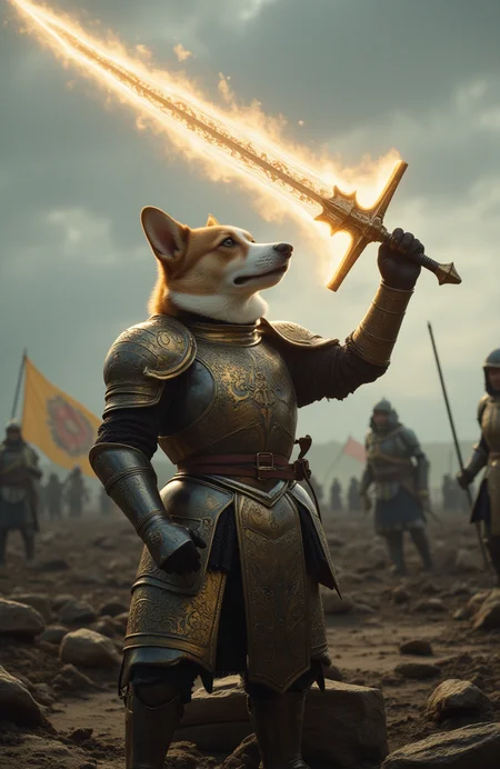 A photorealistic shot of a valiant humanoid corgi, clad in ornate, heavy-plated armor, stands resolute at the front lines of a war-torn battlefield. His fluffy fur peeks through the polished gaps in his armor, a stark contrast to the hardened steel that encases his small but mighty frame. His armor, intricately crafted with golden engravings and divine sigils, resembles the regalia worn by legendary paladins in ancient fantasy tales. The weight of the metal does little to hinder his unwavering determination as he stands firm, his ears perked, his glistening eyes filled with courage.
With a majestic flourish, he raises his radiant sword, its blade pulsing with an aura of holy light, casting an ethereal glow upon the battered earth below. The runes etched into the steel shimmer like the embers of dawn, a beacon of hope and righteousness amidst the gloom of war.
Behind him, his loyal warriors stand ready, their armor dulled by battle but their spirits alight with the fire of their leaderâs unyielding bravery. The battlefield stretches far into the horizon, shrouded in mist and the lingering scent of war, with broken weapons and tattered banners littering the ground. The sky is a dull gray, heavy with ominous clouds, yet the corgi's divine radiance pierces through the darkness, a shining symbol of defiance against the forces of despair.