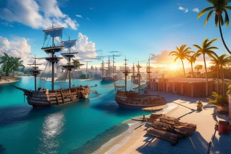 (masterpiece:1.2), (best quality,:1.2), 8k, HDR, ultra detailed, ((photorealistic)), A landscape view of a a city by the sea in the afternoon. Pirate ships docked unloading cargo, waving palm trees. afternoon sun, blue sky, calm sea, no people, professional light, cinematic lighting, ambient lighting, sunset,