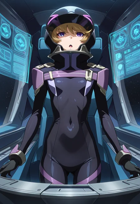 masterpiece, best quality, amazing quality, very aesthetic, absurdres, newest, illustration, perfect composition, intricate details, highres, anime coloring, general, 1girl, solo, (cowboy shot:1.2), keiww, purple eyes, flat chest, keipilot suit, high collar, breasts, black bodysuit, pilot suit, black gloves, covered navel, helmet, looking ahead, serious, open mouth, science fiction, cockpit, holographic interface, space, shoulder guard, standing, shiny body, shiny skin, skindentation, clear skin, shiny hair, ultra detailed eyes, depth of field, sharp, intricate details, hyperdetailed, ultra-detailed, detailed clothing folds, high contrast, dynamic light <lora:Kugimiya_Kei_Majestic_Prince_ill:1>