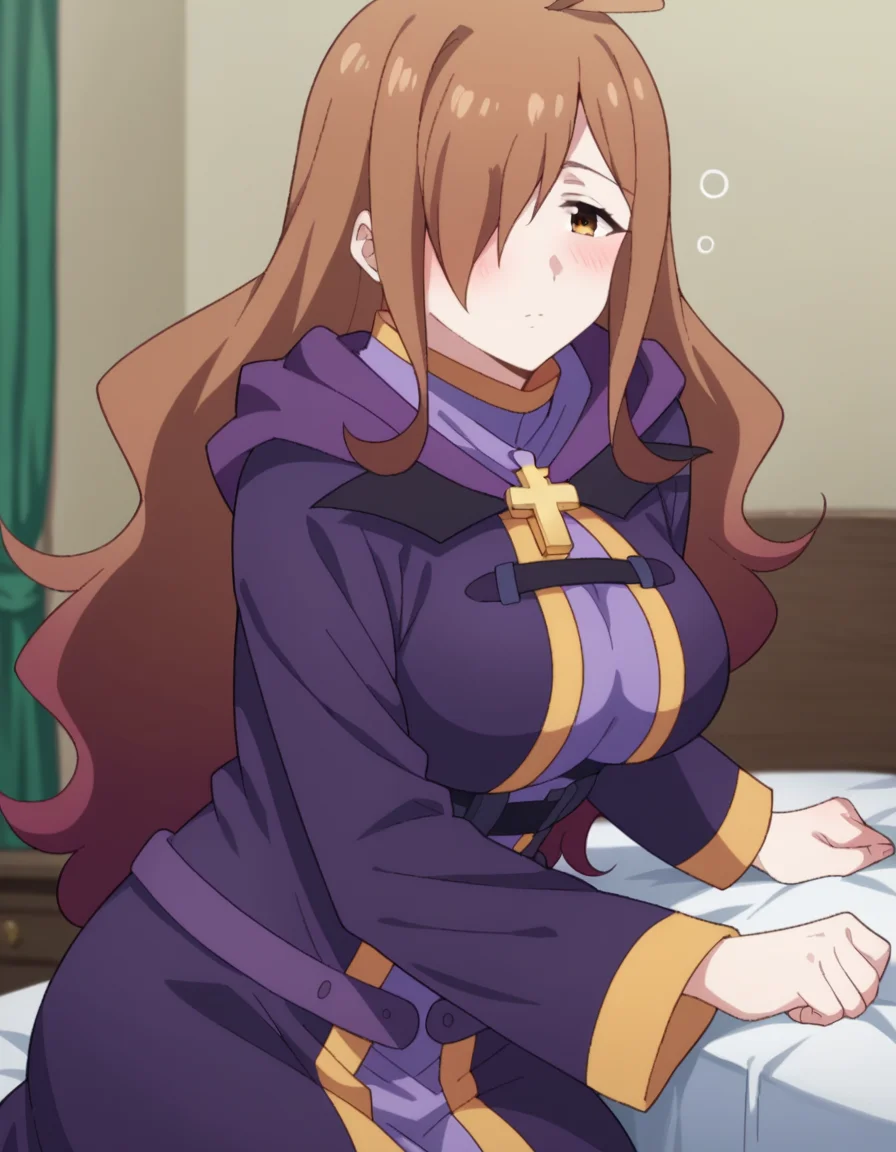 score_9, score_8_up, score_7_up, source_anime,
konosubawiz, <lora:konosuba-wiz-s1s2-ponyxl-lora-nochekaiser:1>,
wiz, ahoge, brown eyes, light brown hair, hair over one eye, long hair, mature female,
cross, dress, hood, hood down, jewelry, latin cross, long dress, long sleeves, purple dress, robe, purple robe,
indoors, bed, bed room, on side, blush, drunk,
looking at viewer, dutch angle, cowboy shot,