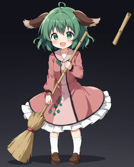 kasodani kyouko,1girl, solo, open_mouth, pink_dress, white_socks, full_body, holding_broom, long_sleeves, black_background, brown_footwear, shouting, shoes, looking_at_viewer, upper_teeth_only, simple_background, standing, blush, v-shaped_eyebrows, bamboo_broom
<lora:kasodani_kyouko_image2405_2023-12-20-000008:1>,star-shaped_pupils,symbol-shaped_pupils,. gorgeous,key visual, vibrant, studio anime,award-winning, professional, highly detailed,high budget, cinemascope