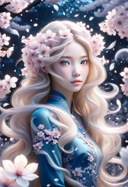 DonMS4kur4XL,sakura blossoms, female  young adult, slim, east asian, deep blue eyes,  flat nose, protruding chin,  round cheeks, low forehead,     , ash blonde mermaid waves hair, boredom, transcendent trance, eyes closed, entering a state of higher consciousness,      conjurer, metal magic , connecting with the spirits of the land, becoming one with nature, radiant aura   <lora:released\DonM3t3rn1tyXL-v1.1-000008:0.8><lora:myLora\DonMS4kur4XL-000006:0.8><lora:released\DonM3t3rn1tyXL-v1.1-000008:.7>