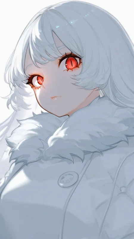 1girl, solo, long_hair, looking_at_viewer, bangs, simple_background, red_eyes, white_background, jewelry, closed_mouth, upper_body, white_hair, coat, head_tilt, fur_trim, slit_pupils, fur_collar