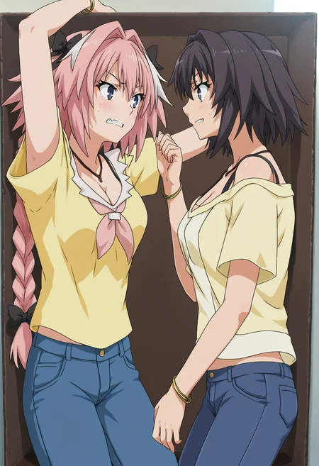 score_9, score_8_up, score_7_up, source_anime,
BREAK
<lora:shiClausTestV1:1.0>,
shimultiplestro, blush, hetero, looking at another, arms up, clenched teeth, against wall, in container, cramped, stuck, in box, trapped,
BREAK
astolfo \(fate\),
<lora:shiYukSisV1:1.0> harudef, short hair, black hair, blue eyes, yellow shirt, cleavage, jewelry, necklace, bracelet, blue pants, off shoulder,