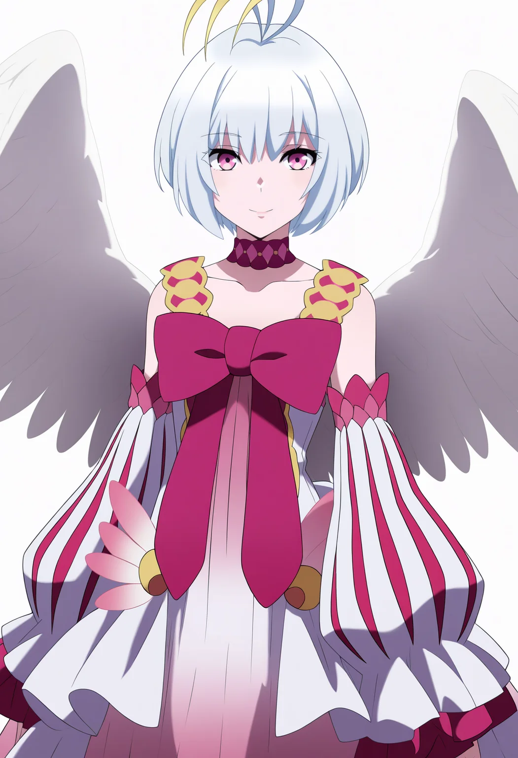 masterpiece, best quality, very aesthetic, absurdres,
1girl, fitoria, white hair, pink eyes, short hair, antenna hair,
bow, choker, detached sleeves, dress, angel wings,
upper body, smile, looking at viewer, solo, (simple background, white background:1.3) <lora:FitoriaIllustriousXL_byKonan:1>