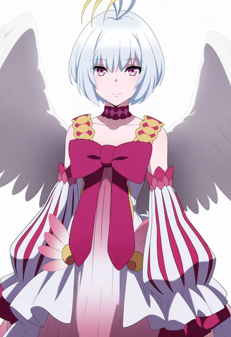masterpiece, best quality, very aesthetic, absurdres,
1girl, fitoria, white hair, pink eyes, short hair, antenna hair,
bow, choker, detached sleeves, dress, angel wings,
upper body, smile, looking at viewer, solo, (simple background, white background:1.3) <lora:FitoriaIllustriousXL_byKonan:1>
