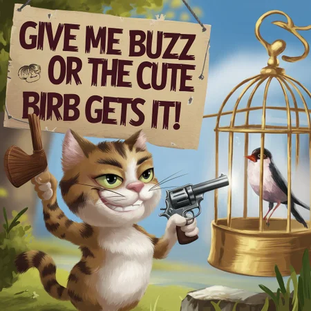 A short cute cat holding a handgun pointing it to a cute innocently looking trapped bird in a golden cage and in it's other hand holding a hand-made sign that reads ‘Give Me Buzz Or The cute Birb Gets It!’ in bold, rough letters. His expression is a mix of dastardly and wicked smile as he clutches the sign with one hands. The scene is set on a lovely sunny day blue sky, with the sign prominently displayed as he tries to get attention. The background hints at a life of whimsical adventures,