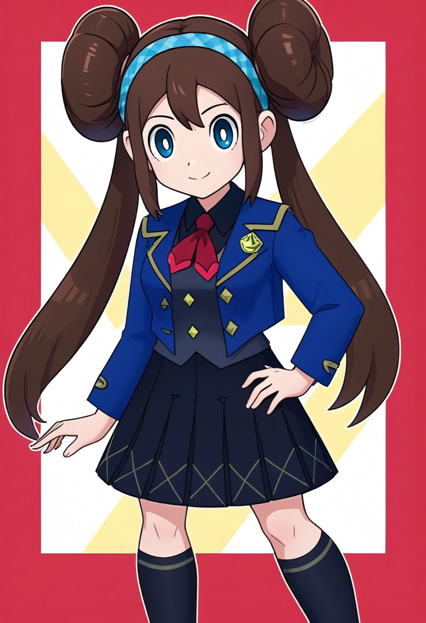 2d, masterpiece, best quality, amazing quality, 1girl, solo, close-up, standing, smile, full body, leaning_forward, looking at viewer, colorful background, multicolored background, color splashes, medium breasts, acrosa, ex colors, blue eyes, white pupils, brown hair, double bun, twintails, blue hairband, dark blue jacket, open jacket, black shirt, collared shirt, long sleeves, light grey vest, buttons, red ascot, black skirt, pleated skirt, checkered skirt, emblem, black socks, kneehighs, loafers, black footwear