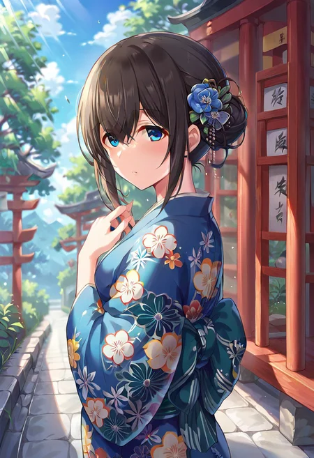 score_9, score_8_up, score_7_up, source_anime, sagisawa fumika, black hair, blue eyes, japanese clothes, solo, 1girl, shrine, blue kimono, kimono, floral print, outdoors, single hair bun, hair ornament, hair bun, looking at viewer, hair flower