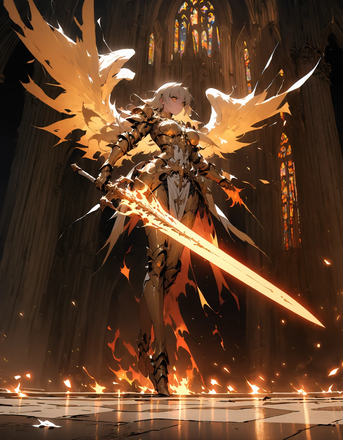 glowing style, glowing particle, epic female warrior on fire ablaze in white and gold armor with angel wings, horror christian cathedral, nighttime, dungeons and dragons,glowing sword<lora:glowing_style_XL_16E_GPmixV_V1.7:1>